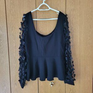 SHEIN Black Blouse with Floral Appliqué Sleeves